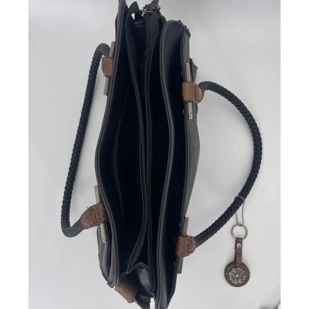 Bueno Black Croc Embossed Faux Leather Shoulder Bag Braid Handle Mixed Media